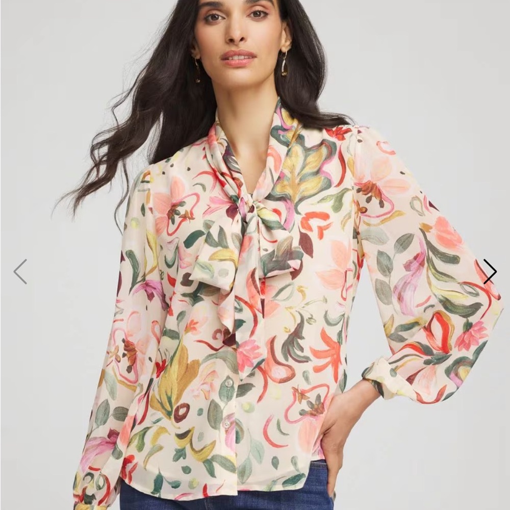 Chico's Pastel Floral Tie-Neck Blouse